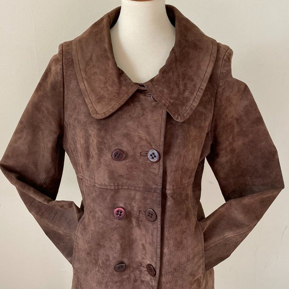 XOXO Chocolate Brown Suede Coat Double Breasted Jacket size L - Picture 4 of 14